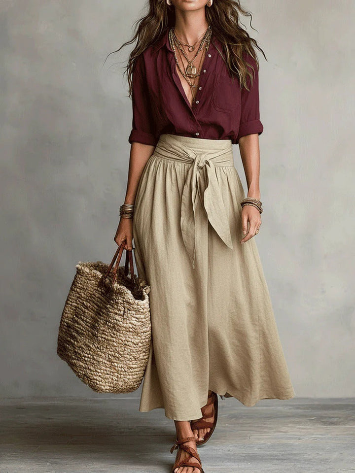 Women's elegant relaxed two-piece set featuring a stylish midi skirt and matching top