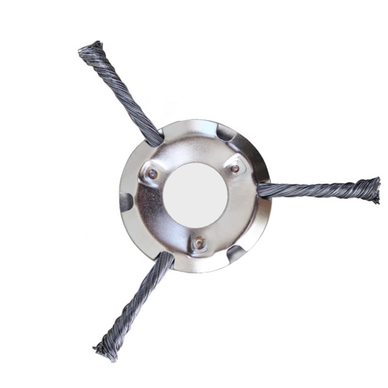 Durable carbon steel trimmer head angled to show robust construction