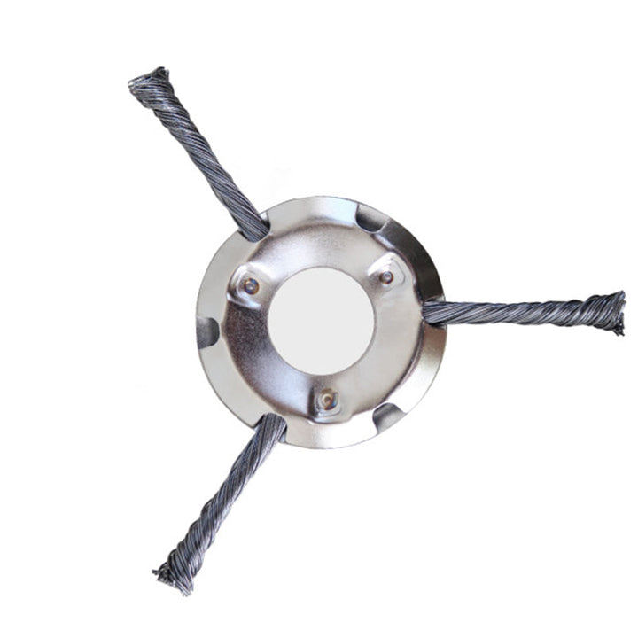 Durable carbon steel trimmer head angled to show robust construction