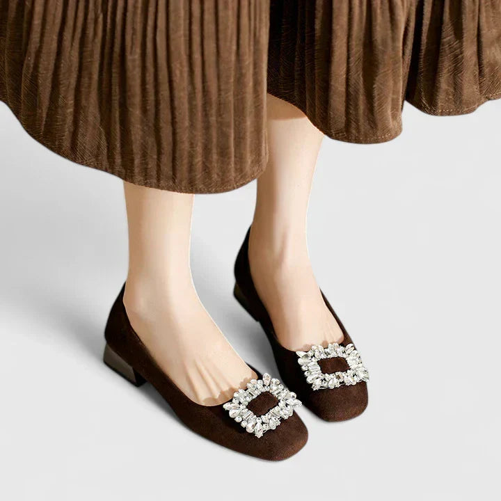 Brown women's orthopedic low block heel shoes with sparkling crystal buckle detail