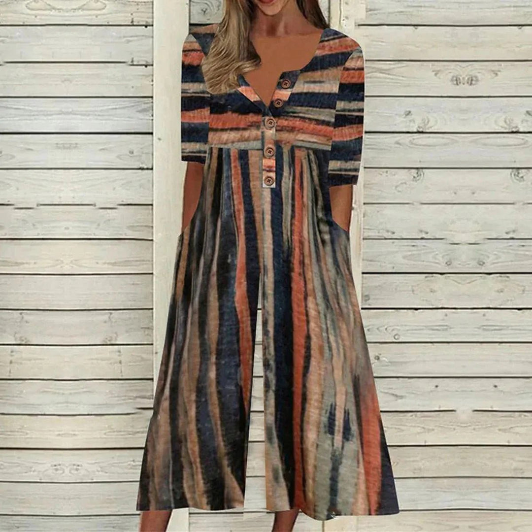 Women's casual short sleeve printed jumpsuit with V-neck and wide-leg design