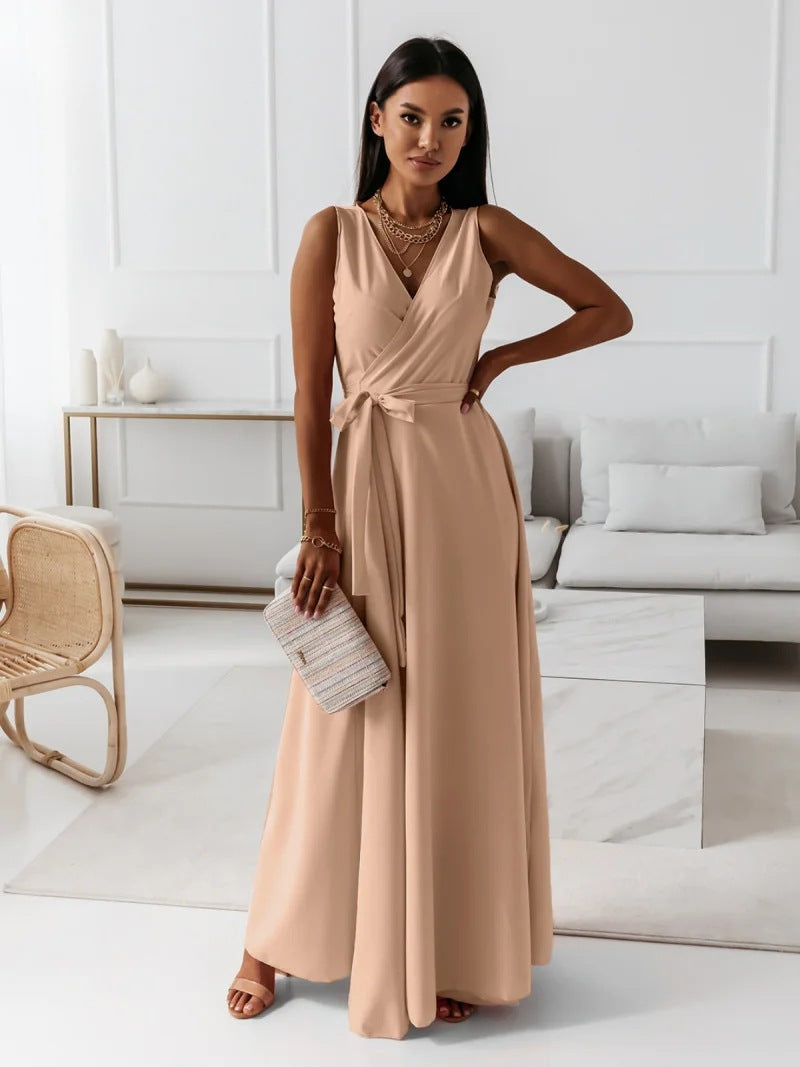 Woman showcasing a chic khaki wrap maxi dress with self-tie waist