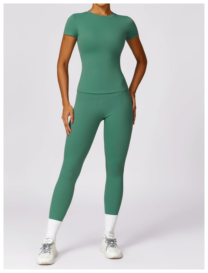 Back view of short sleeve activewear top with supportive fit