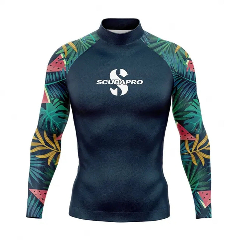 Men's long sleeve rash guard in dark grey with tropical leaf printed sleeves