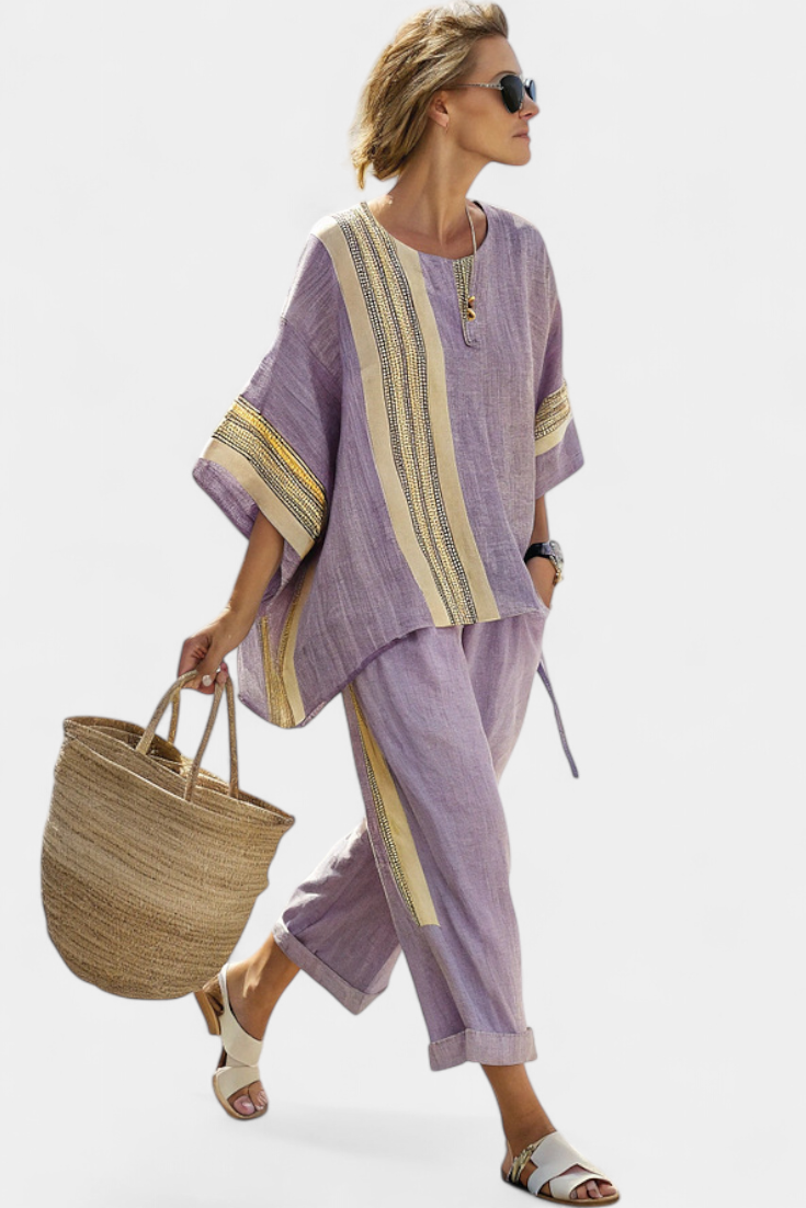 Boho summer matching set with contrast trim top and wide leg pants