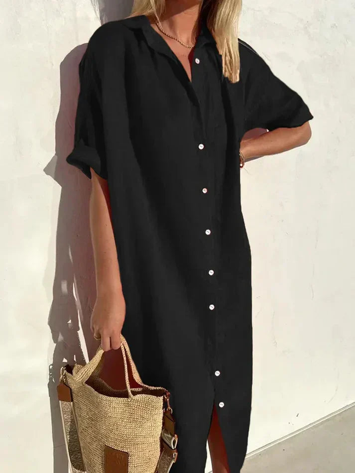 Close-up fabric texture of the women's casual button-down beach dress