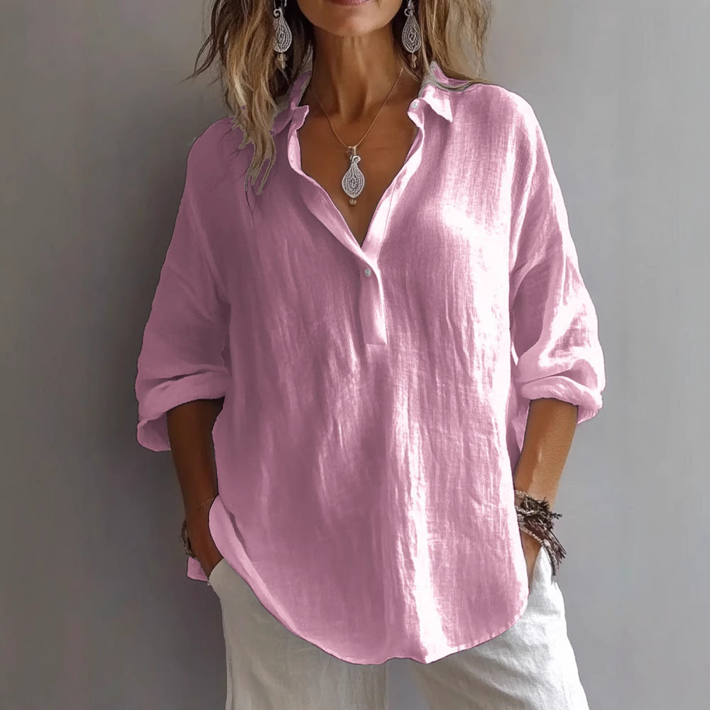 Full view of the womens relaxed collared blouse in neutral tone