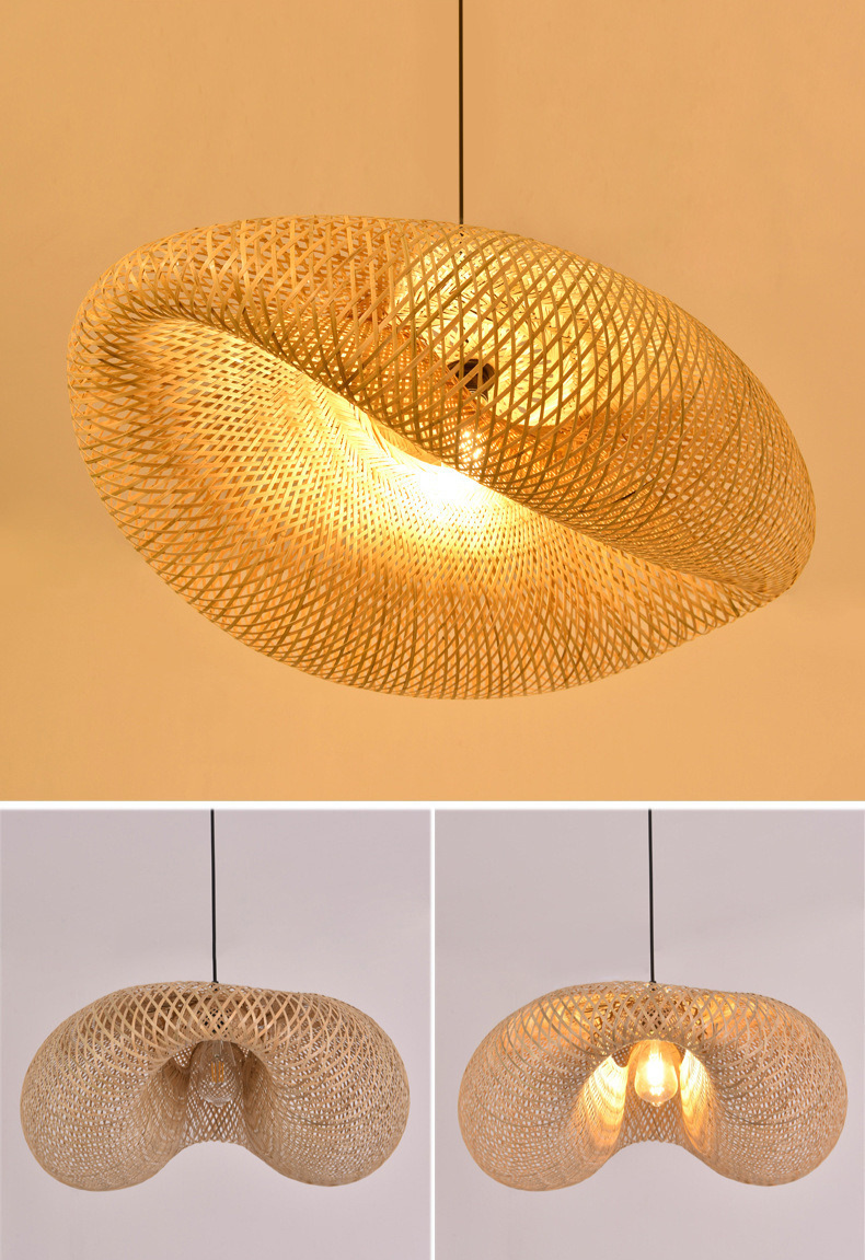 Natural bamboo hanging lamp showcasing artisan handwoven fixture detail