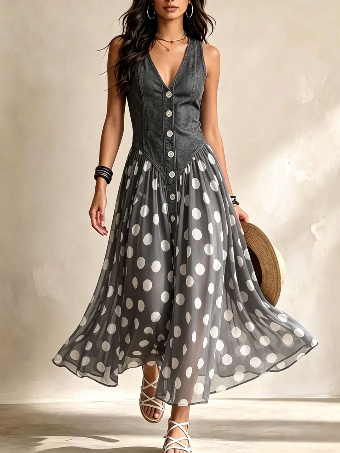 Model wearing blue elegant women's casual dress in summer style