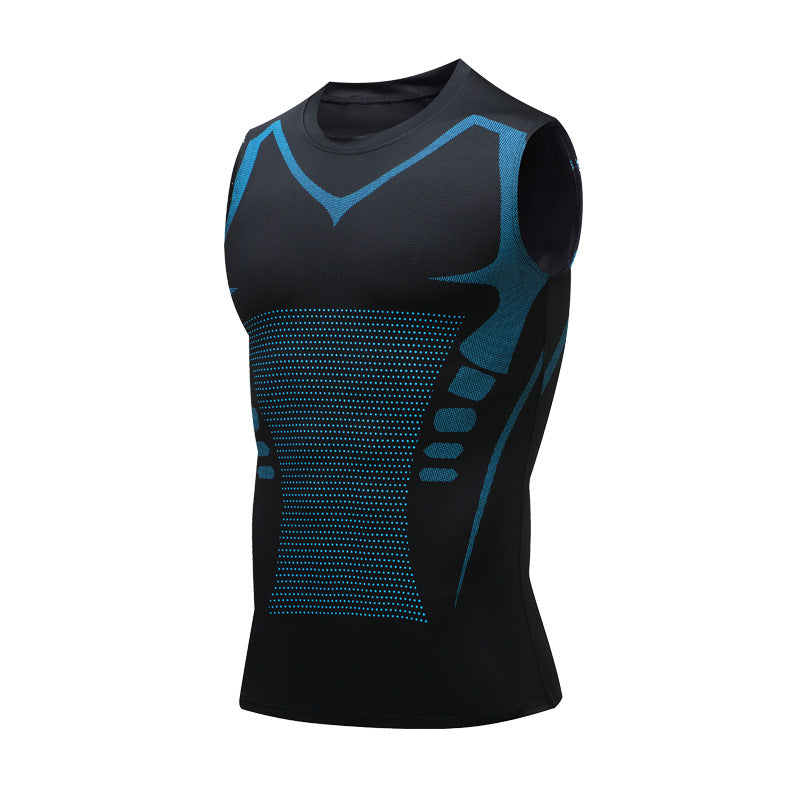 Black unisex compression shaping tank top with blue accent lines