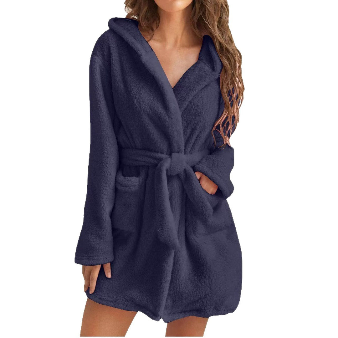 Plush hooded bathrobe for women with cozy fabric and deep pockets