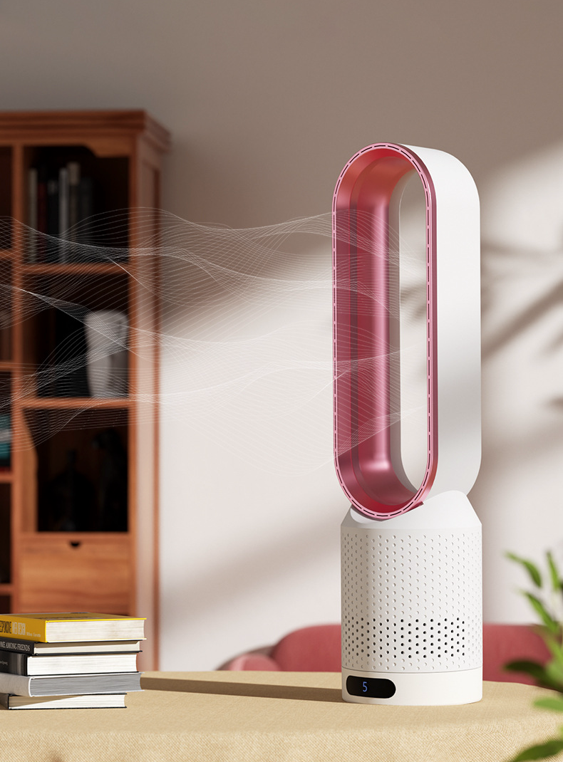 Portable 3-in-1 bladeless air cooler in magenta on a wooden desk