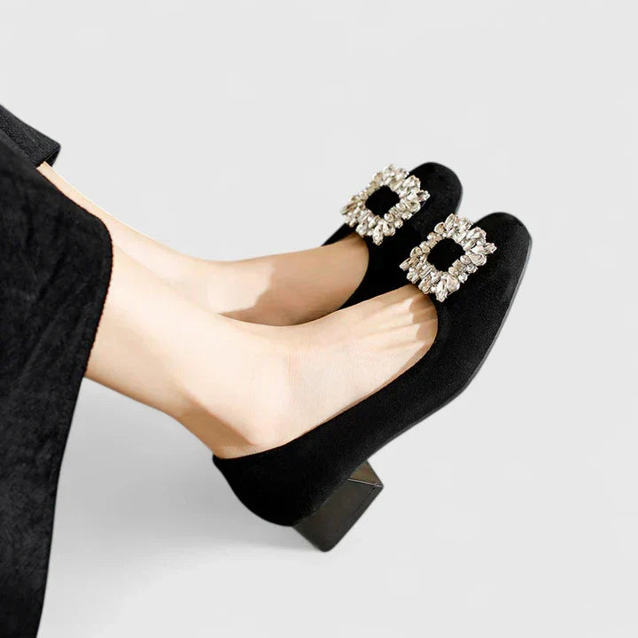 Comfortable brown low block heels featuring supportive arch design