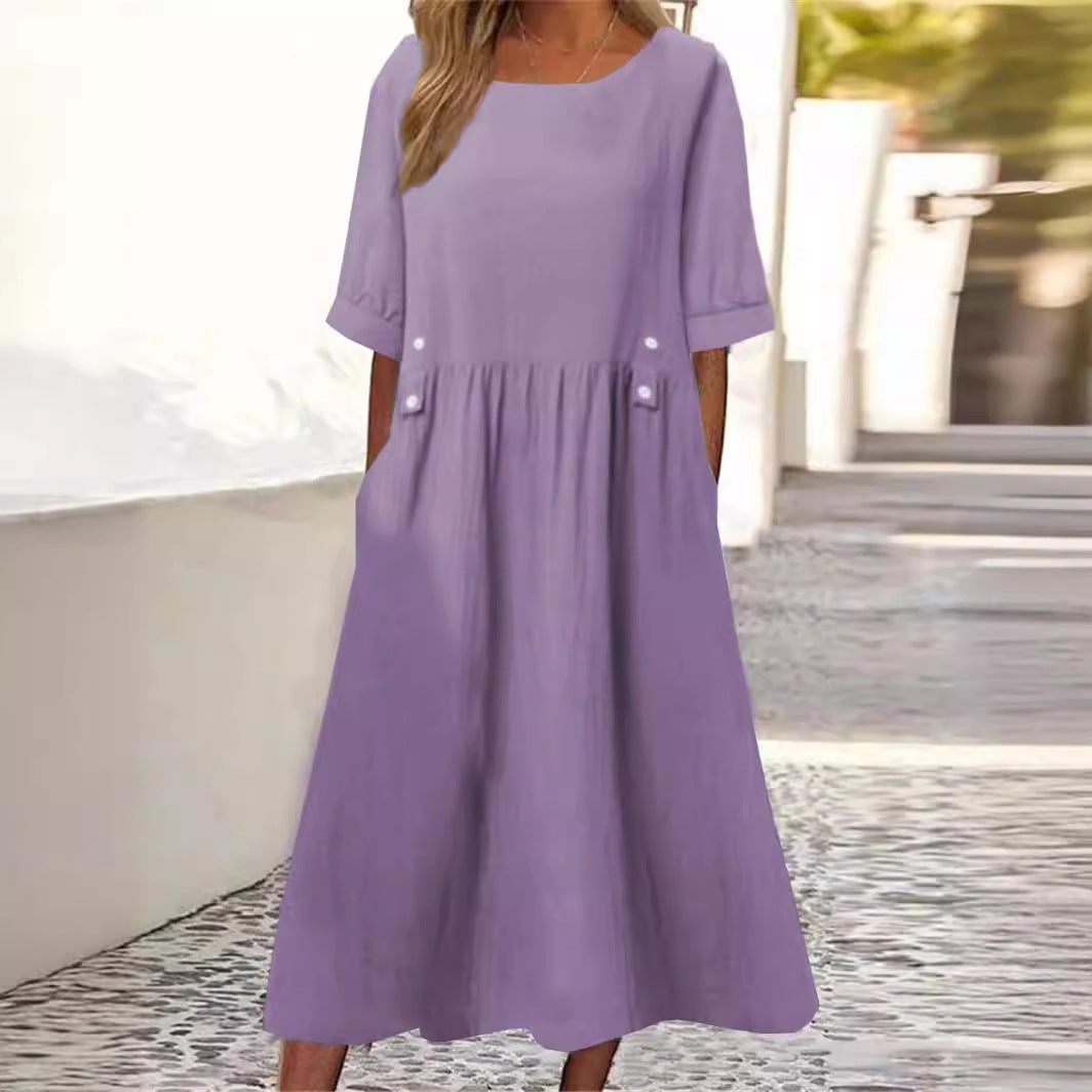 Purple women's casual midi dress with round neckline