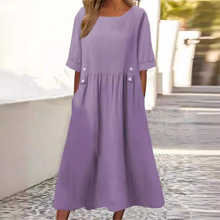 Purple women's casual midi dress with round neckline