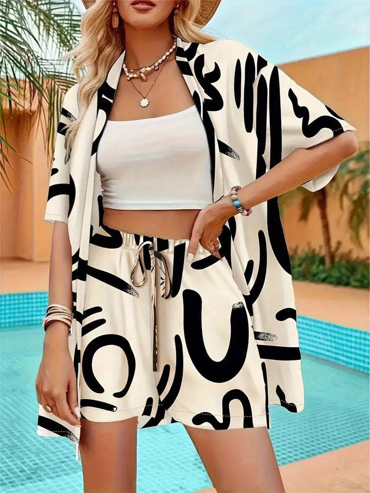Back view of women's printed kimono cardigan and matching shorts summer outfit