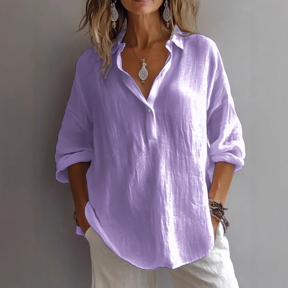 Styled view of the womens collared V-neck top for everyday wear