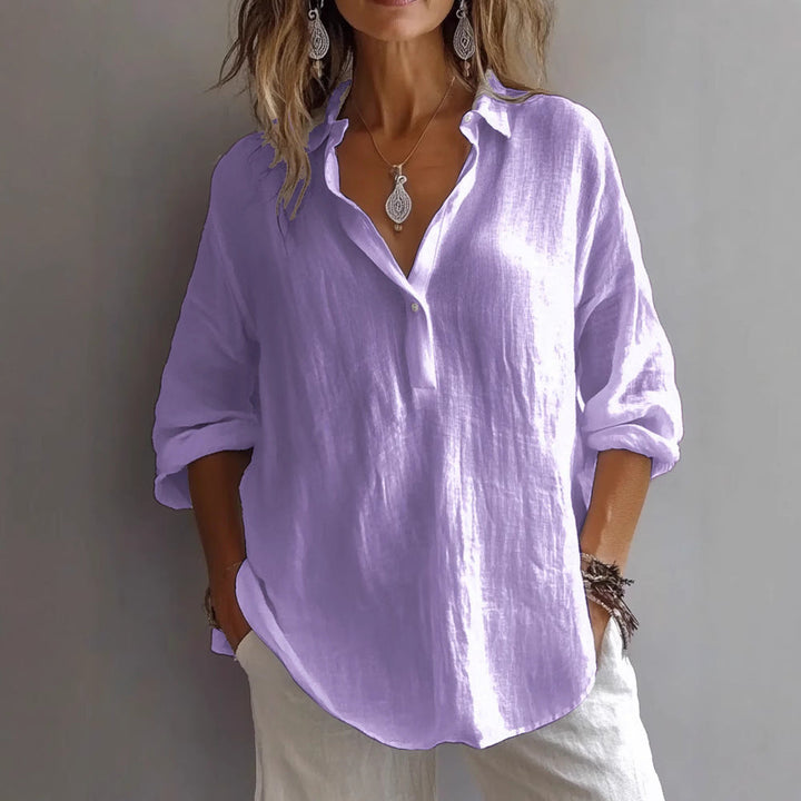 Styled view of the womens collared V-neck top for everyday wear