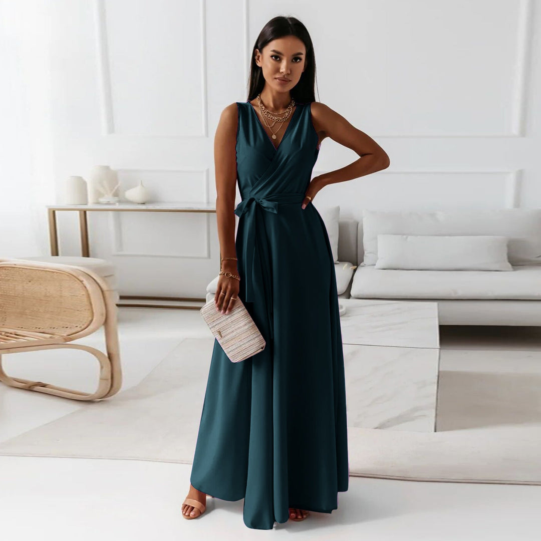 Elegant party dress featuring a wrap design and sleeveless maxi length