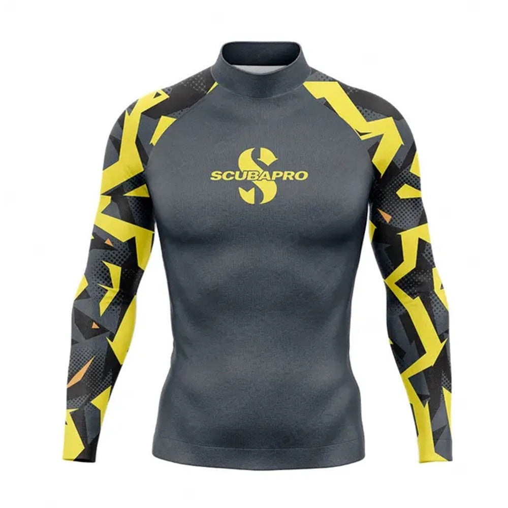 Close up of quick dry fabric on mens long sleeve swim shirt