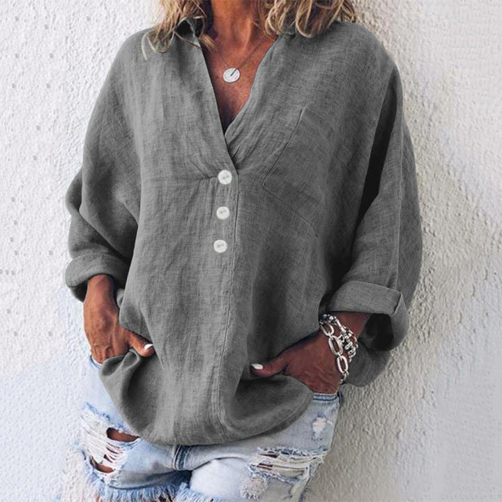 Casual women's oversized V-neck long sleeve pullover blouse in solid color