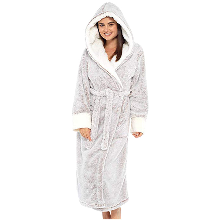 Plush hooded fleece bathrobe for women with deep pockets