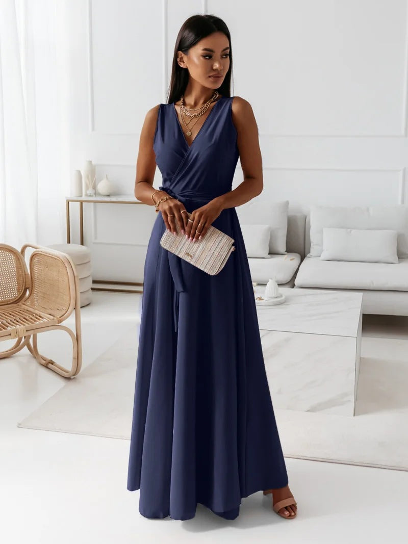 Sleeveless wrap maxi dress in formal gown style for women's evening wear