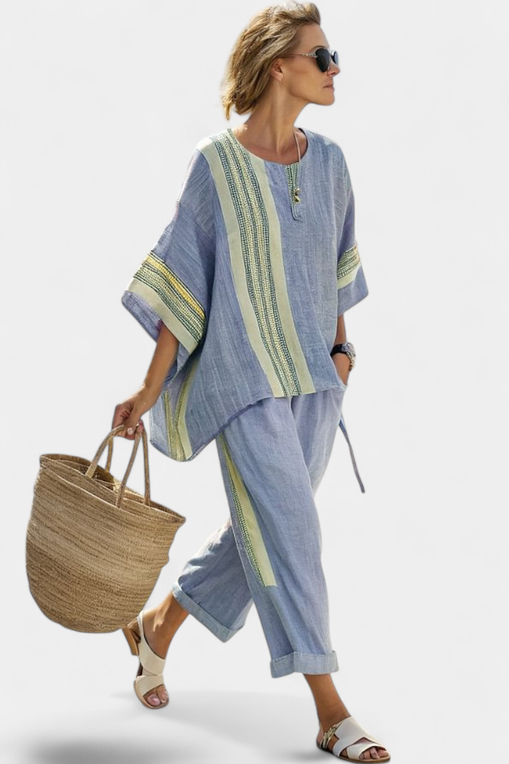 Relaxed fit casual wear matching top and wide leg pants outfit