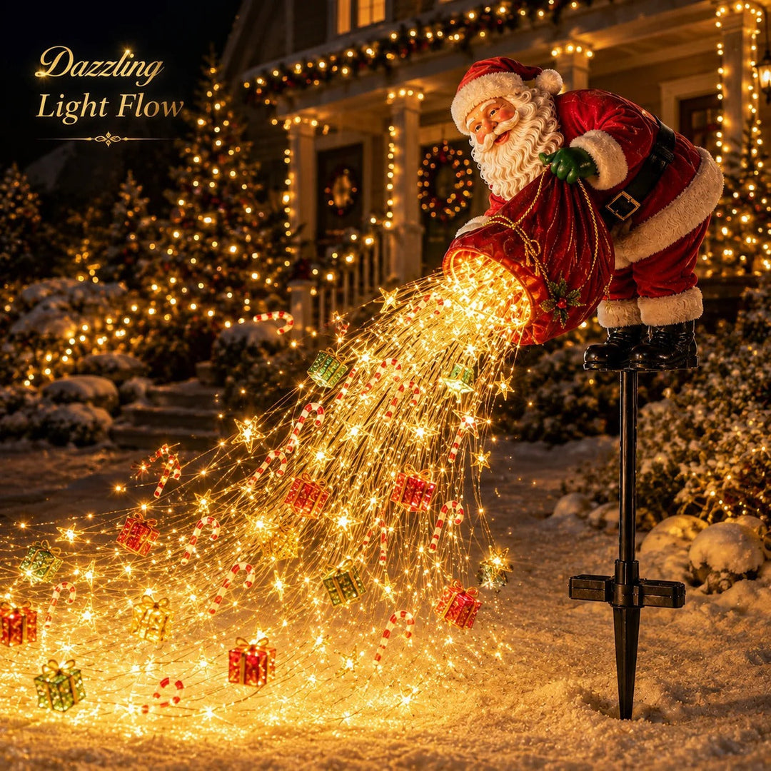 Santa Claus outdoor flowing LED Christmas garden light stake displaying cascading lights on snow