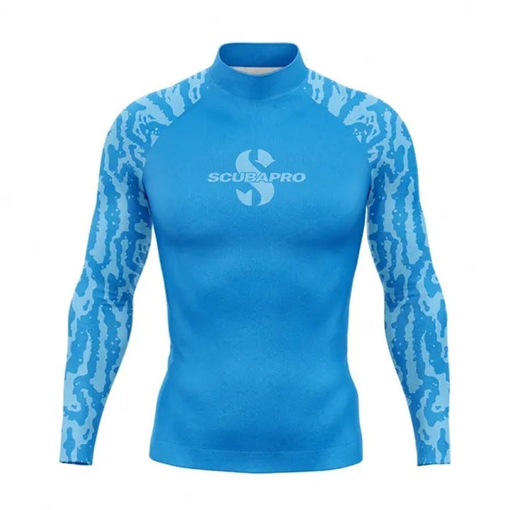 Men's long sleeve rash guard in vibrant blue with patterned sleeves