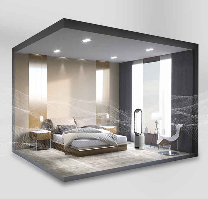 Compact bladeless air cooler and purifier fan cooling a modern living room space