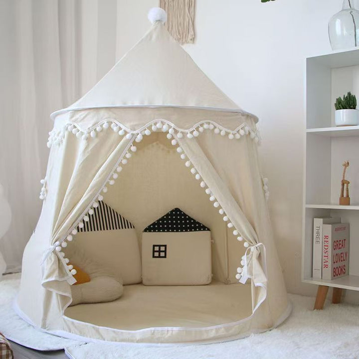 Khaki children hideaway indoor playhouse featuring a star pattern and mesh window