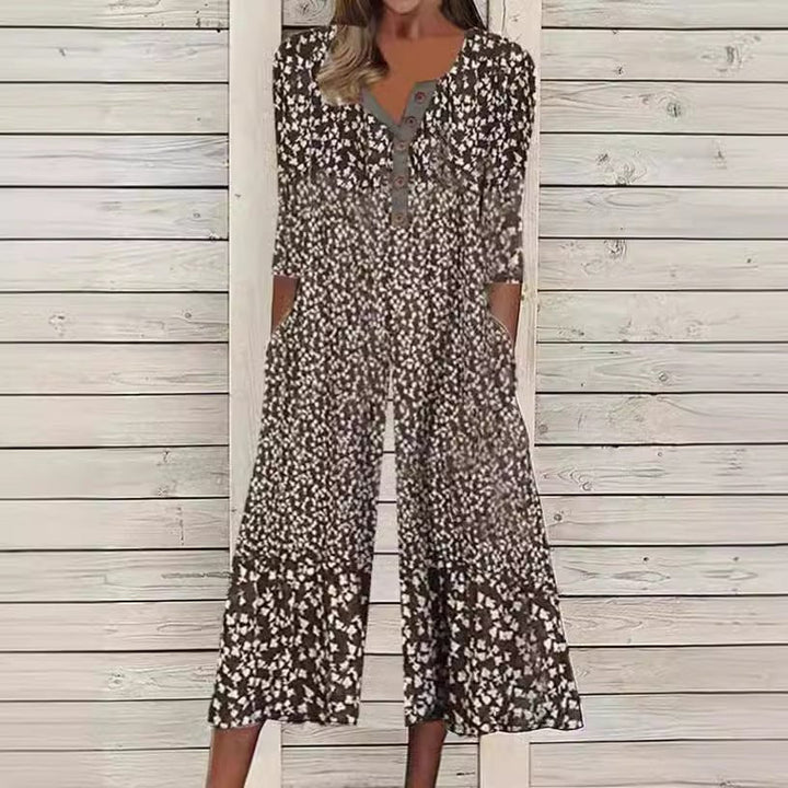 Summer fashion V-neck wide-leg jumpsuit featuring short sleeves and all-over print