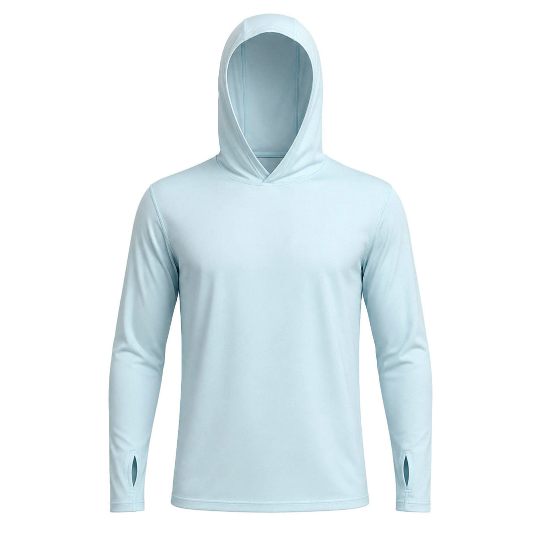 Durable fabric stretch demonstration on men's UV protection hoodie