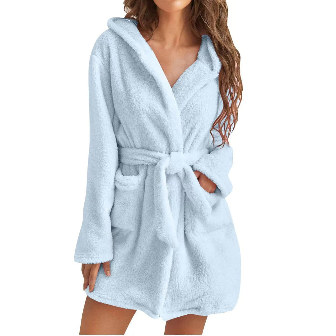 Soft fleece spa robe showing adjustable tie belt and hood detail