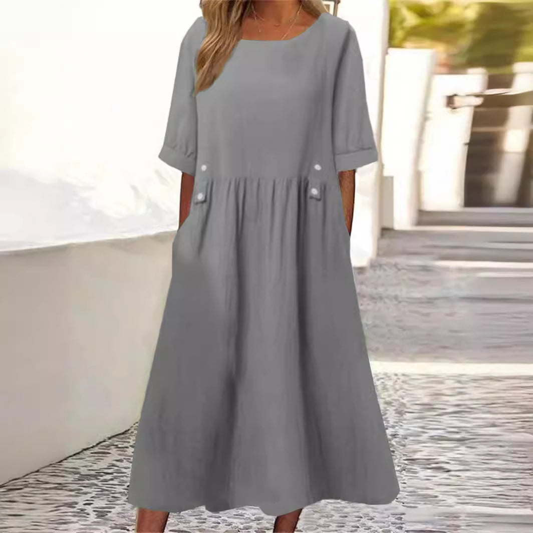 Grey women's casual midi dress styled outdoors