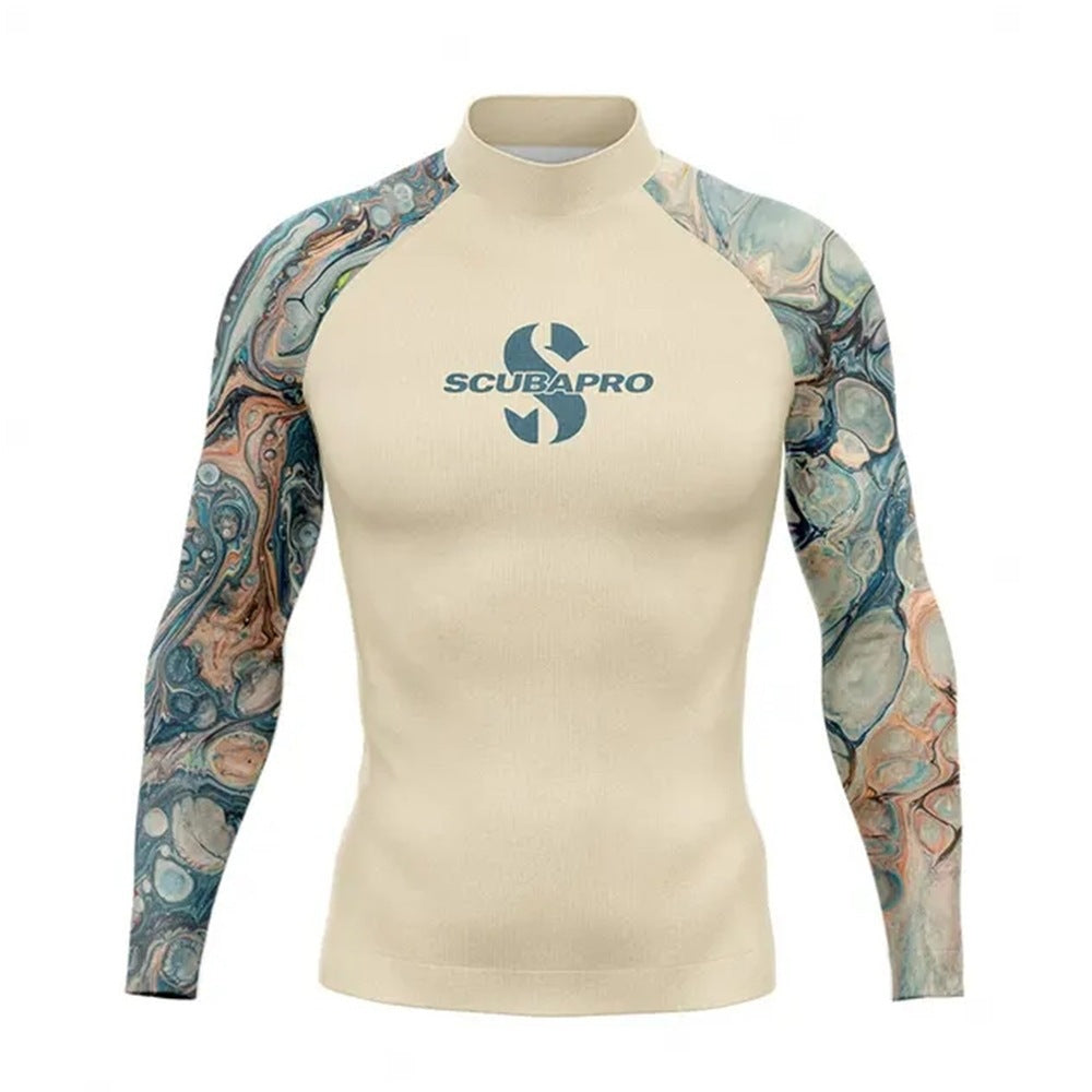 Men's swimwear rash guard showing flexible and breathable fabric