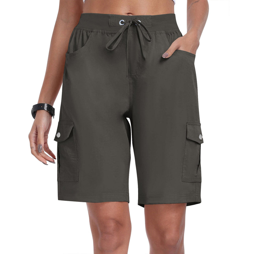 Close-up of hemline and relaxed leg opening on womens summer cargo shorts