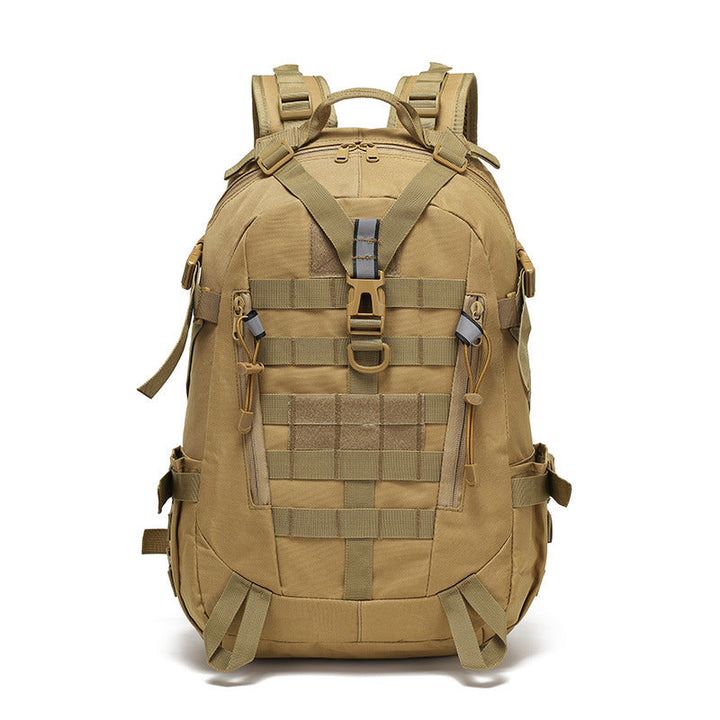 Front view of the light brown 40 litre tactical backpack showing straps and MOLLE webbing