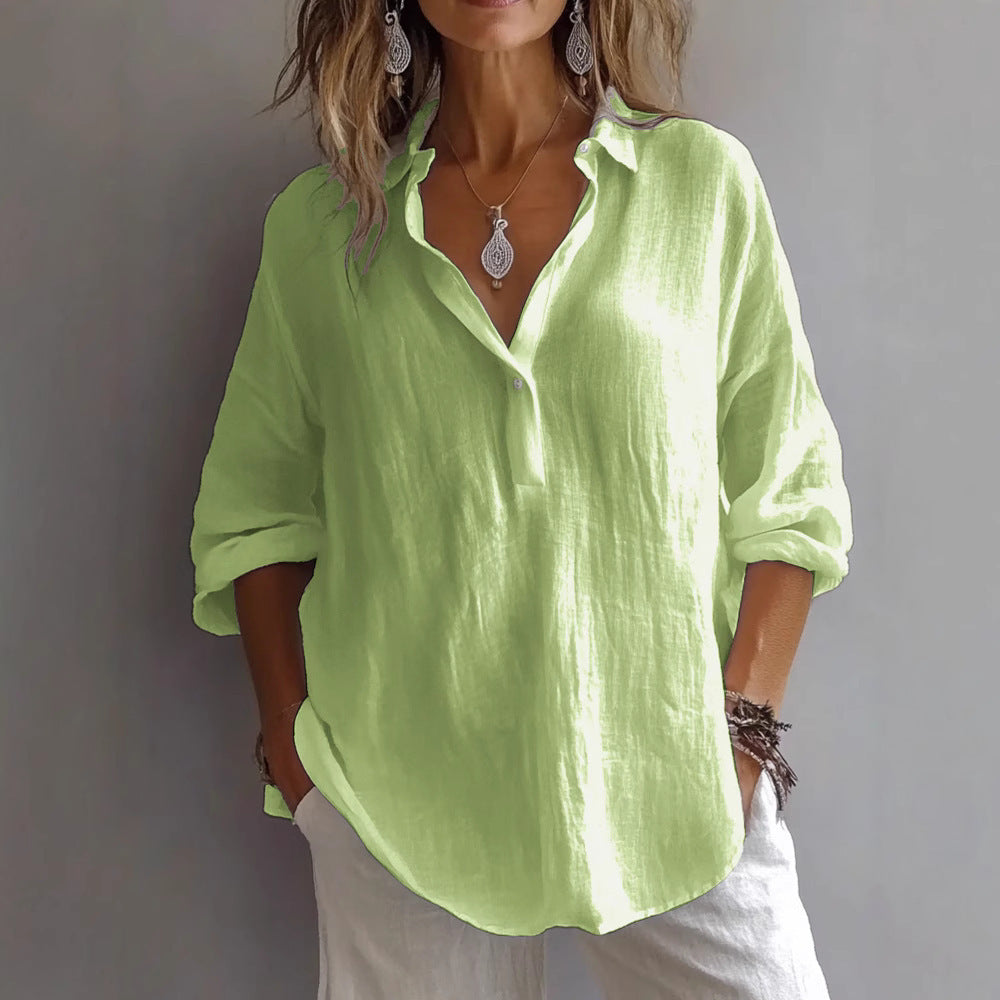 Back view of the womens long sleeve blouse showing relaxed silhouette