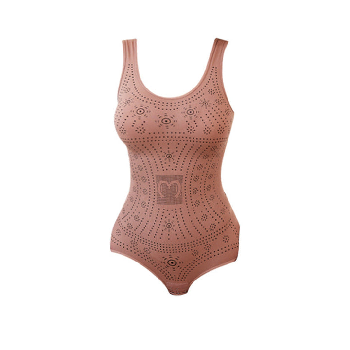 Flat lay of seamless scoop neck shapewear bodysuit for women