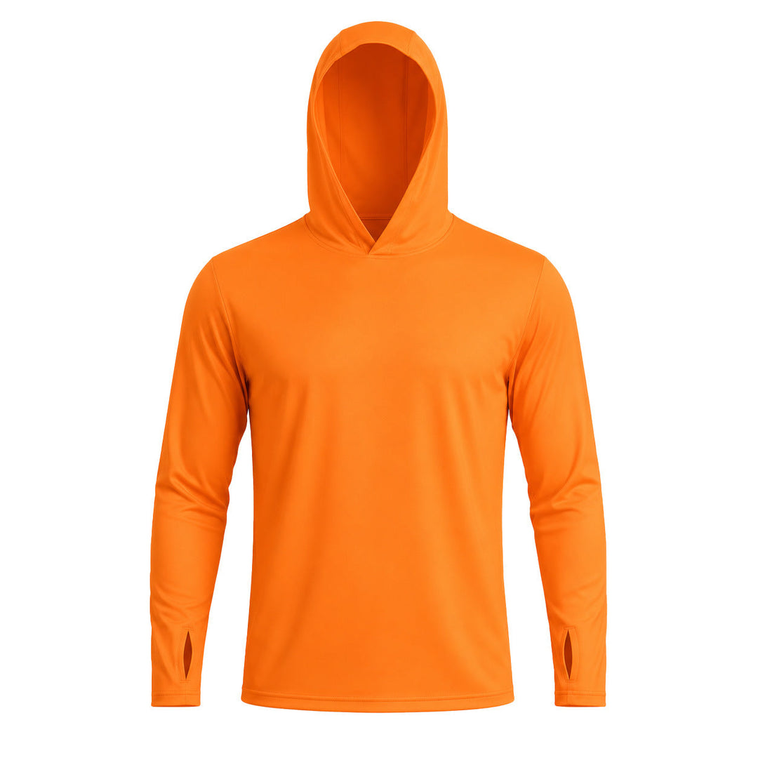 Active man wearing blue men's fishing hoodie while camping outdoors