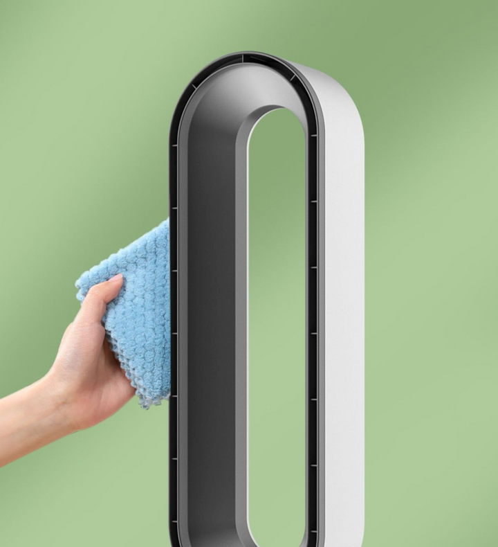 Portable 3-in-1 bladeless air cooler and purifier fan operating on a wooden desk