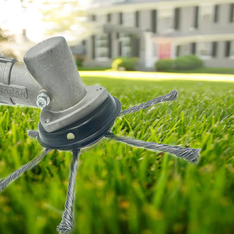 Steel wire trimmer head attached to a string trimmer on a lawn