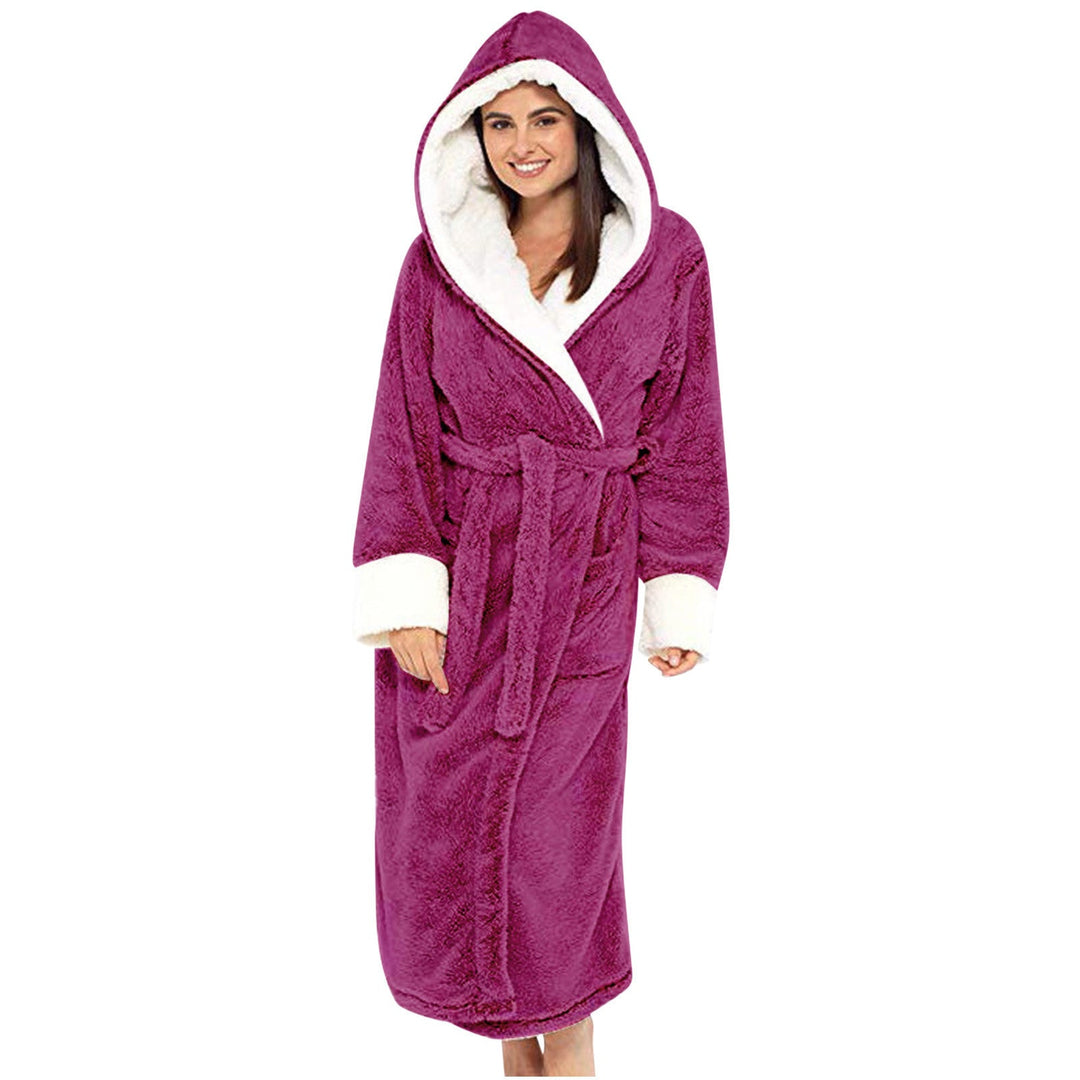 Women wearing a purple plush hooded fleece bathrobe with white contrast trim