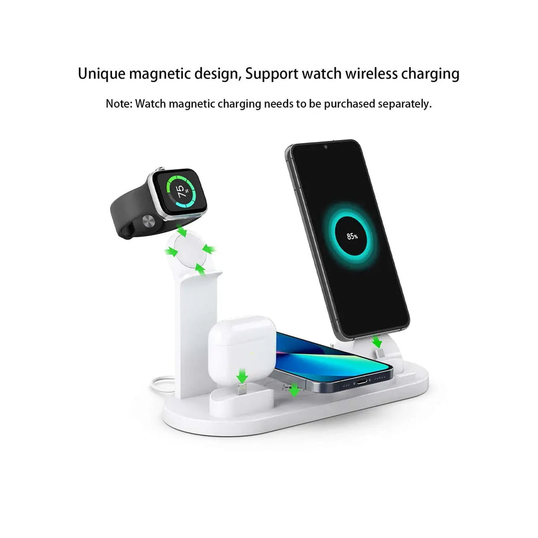 White desktop docking station and wireless charger for smartphones