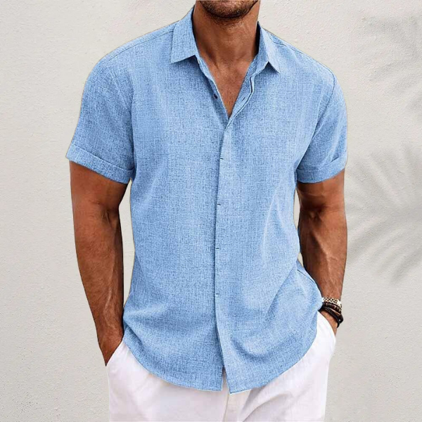 Collar and button detail on mens casual short-sleeve summer shirt