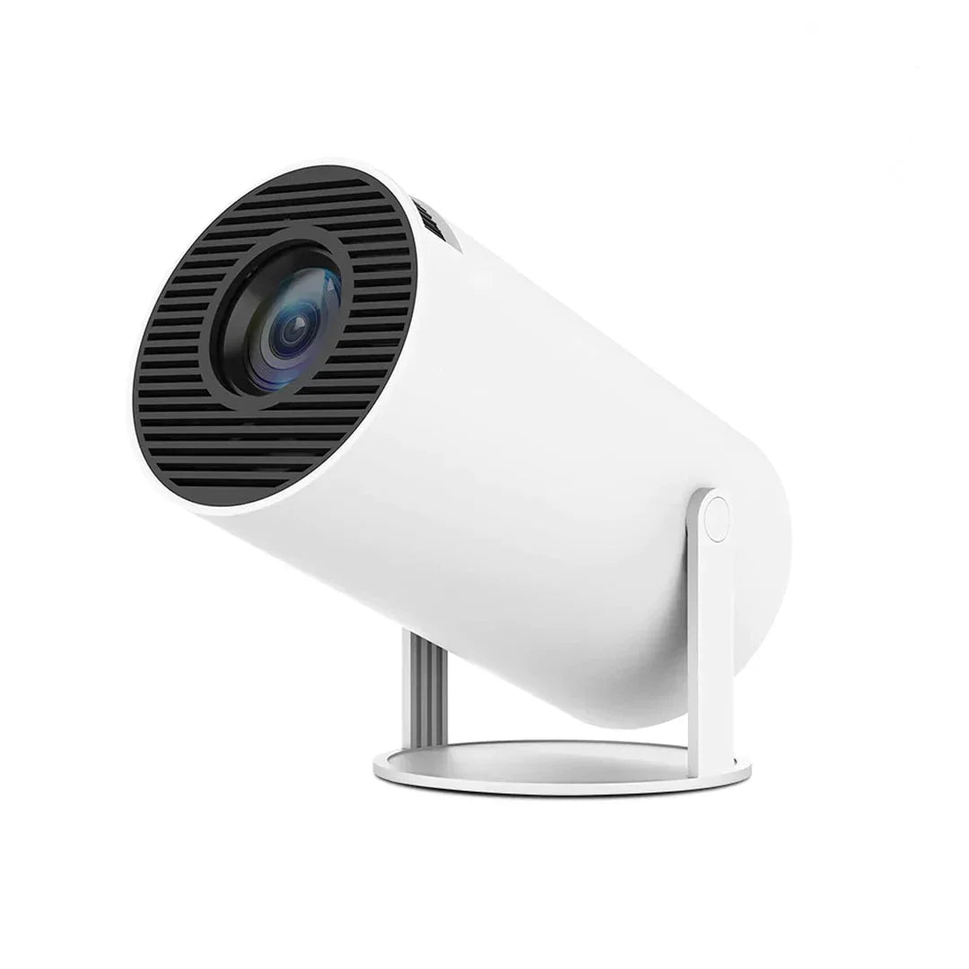 Cinemate 4K Ultra HD Portable Projector white cylindrical unit on a stand