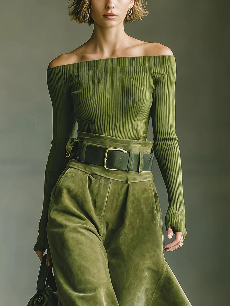 Close-up of green off-shoulder ribbed top and high-waist skirt set