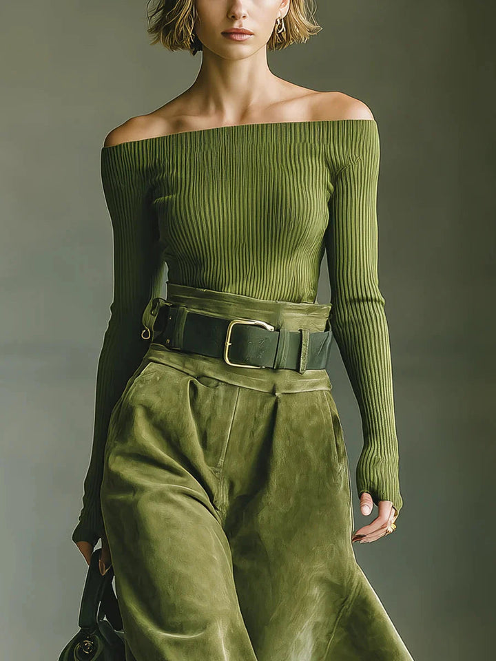 Close-up of green off-shoulder ribbed top and high-waist skirt set